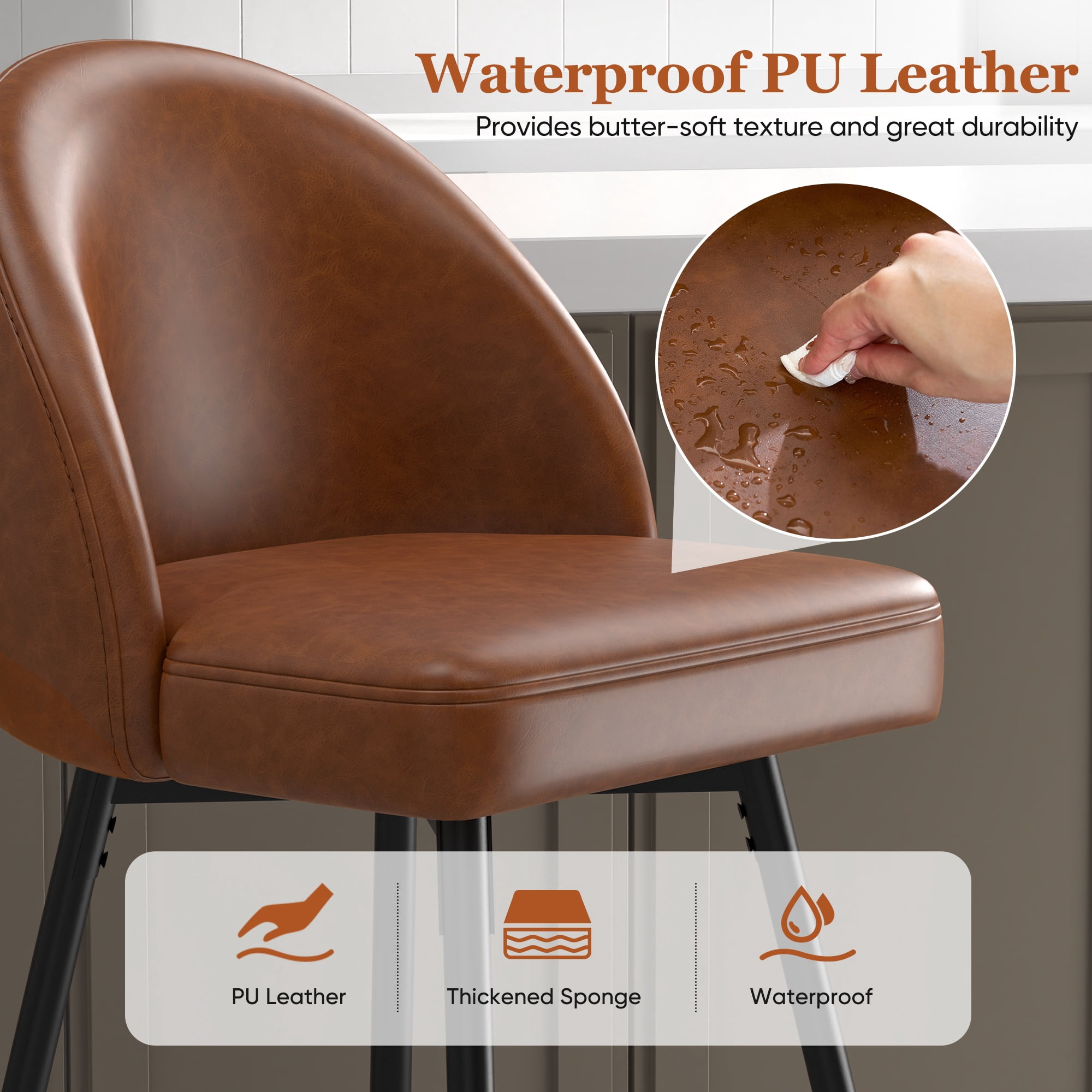 CDCASA Swivel Counter Height Bar Stools Set of 3, 27" Seat Height Modern Barstools with Back and Metal Legs, Upholstered Kitchen Island Chairs, Faux Leather in Brown