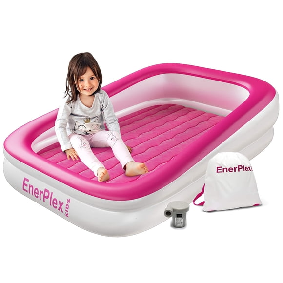 EnerPlex Cama de viaje inflable para niños con bomba de alta velocidad, colchón de aire portátil para niños pequeños con laterales - Parachoques de seguridad incorporado - Azul