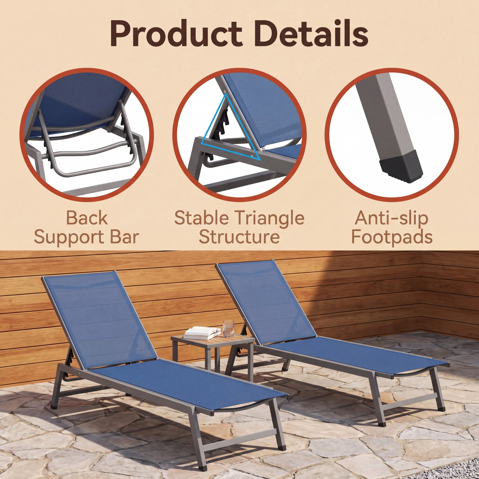 Furnibear 3 Piece Patio Chaise Lounge Set of 2 with Adjustable Backrest Aluminum Frame Breathable Seat and DPC Side Table for Poolside Yard, Navy