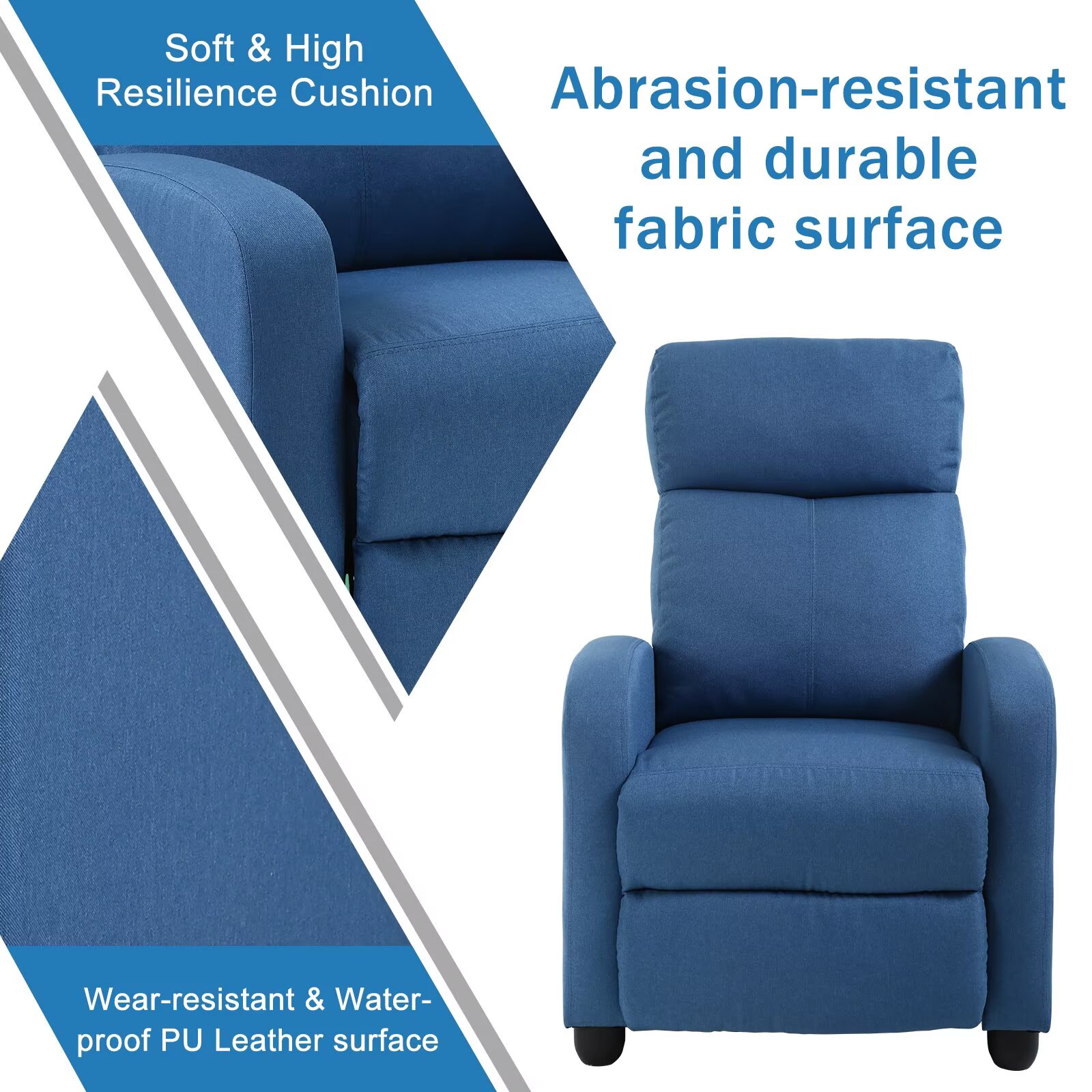 YRLLENSDAN Fabric Recliner Chair for Living Room Home Theater Seating, Adjustable Single Sofa for Adults, Reading Chair with Padded Seat Backrest and Footrest, Blue