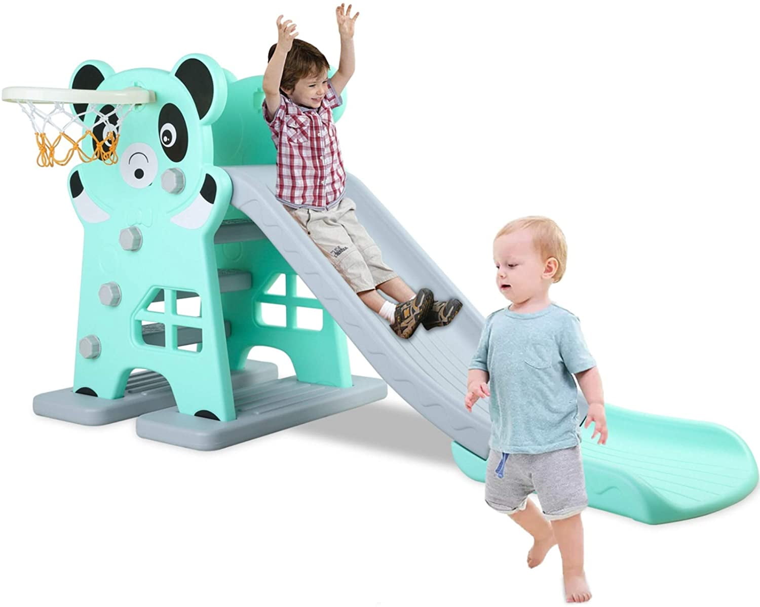 LAZY BUDDY 4 in 1 Kids Slide Swing Set with Ball and Rack Sturdy Baby Slipping Slide Toy for Home and Backyard Use Blue and Red Toddler Climber Playground 