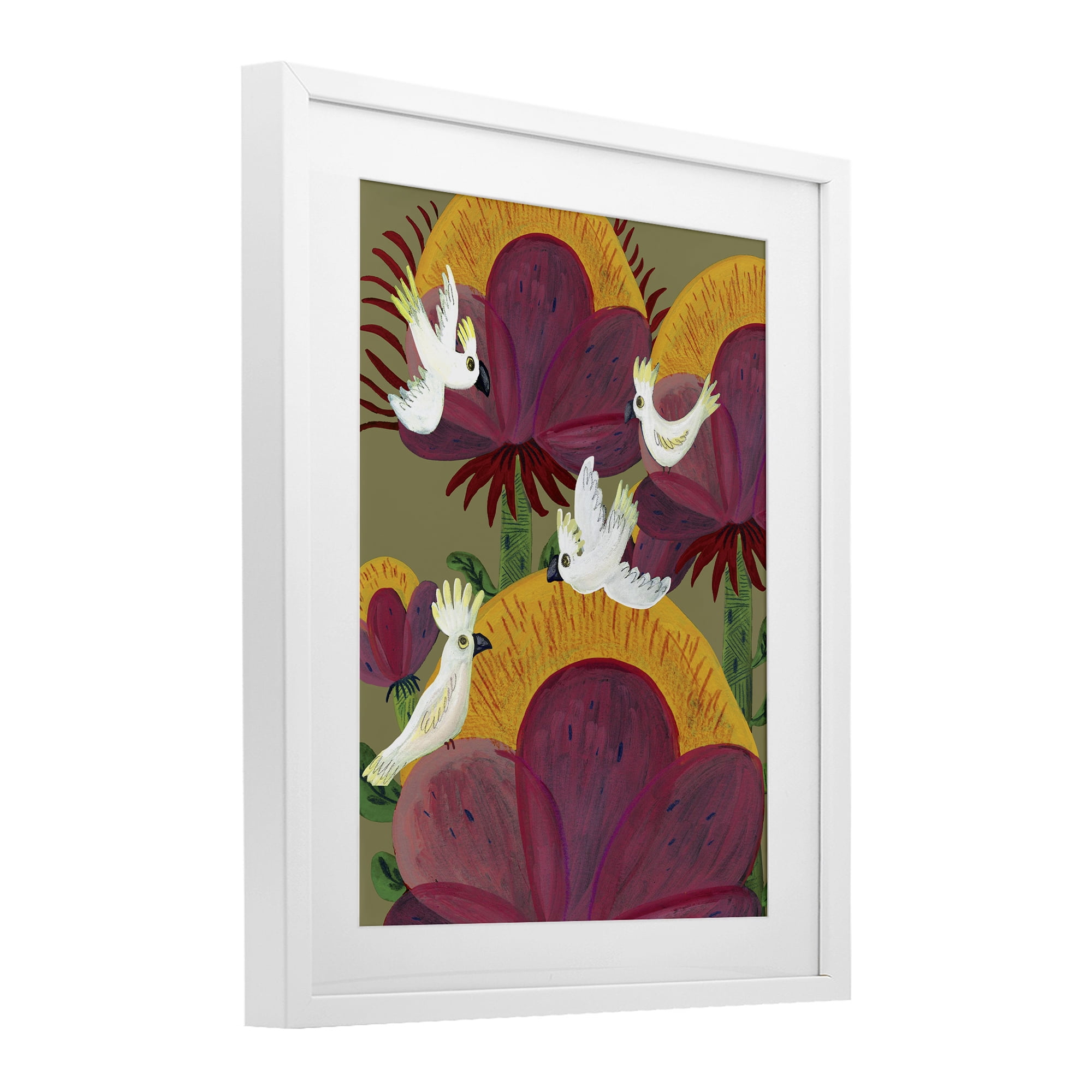 Stupell Industries Tropical Cockatoos & Plants White Framed Print Under Glass, design by Kay Widdowson