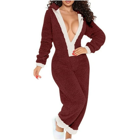 

HAXMNOU Fleece Pajamas For Women Warm Plush Onesie Cozy Jumpsuit Winter Long Pajamas Jumpsuit With Hood And Zipper XXL