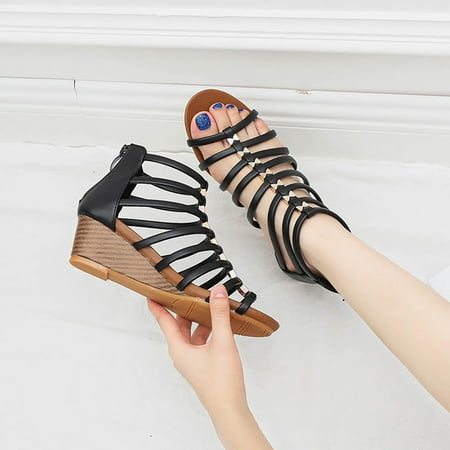 

Fashion Women Ladies Zipper Sandals Ankle Square Heel Breathable Peep Toe Shoes