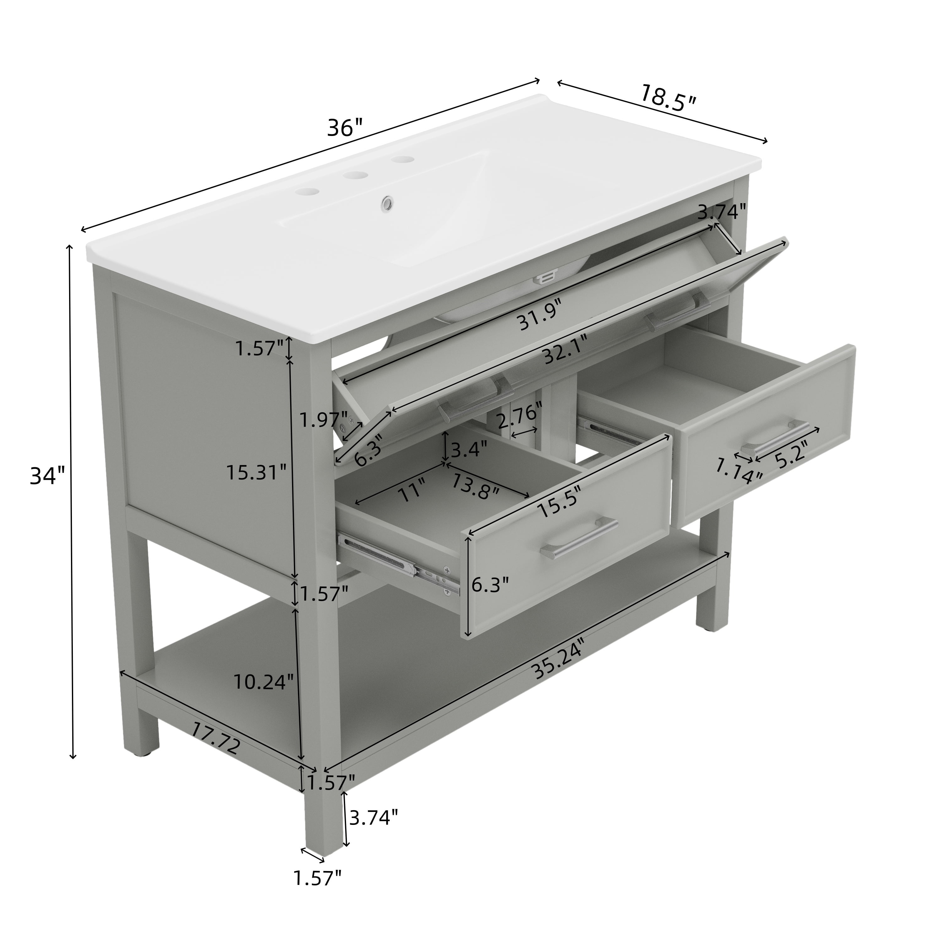 Euroco 36" Bathroom Vanity with Ceramic Sink, Bathroom Vanity with Tip-Out Tray and 2 Full-Extension Drawers, Silver Pulls and Soft Close Drawer Slides Design, 1 Open Shelf at the Bottom, Gray