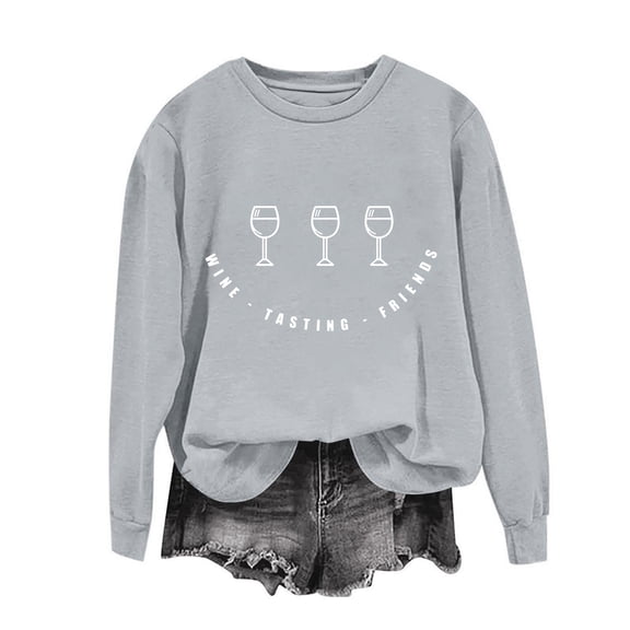 Womens Sweatshirts Wine Glass Printed Long Sleeved Loose Casual Sweatshirt Gray M,Sweatshirts Jacket for Women