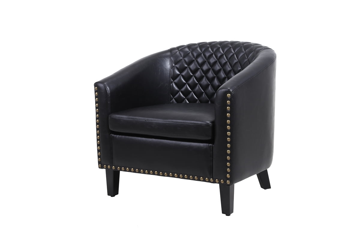 Modern Accent Barrel Chair Living Room Chair with Nailheads Trim and Solid Wood Legs,Upholstered PU Leather Armchair Mid-Century Leisure Lounge Chair Single Sofa Chair for Living Room Office,Black