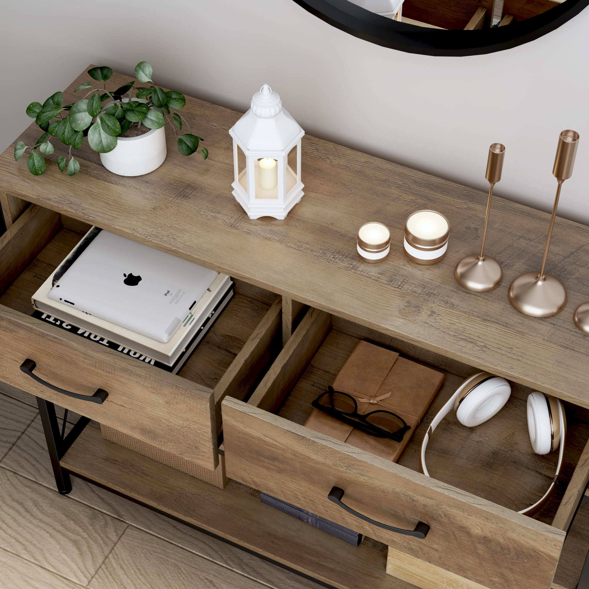Homfa Console Table with Drawers, 11.8'' Narrow Entryway Table with Storage Shelves, Sofa Table for Living Room, Rustic Brown