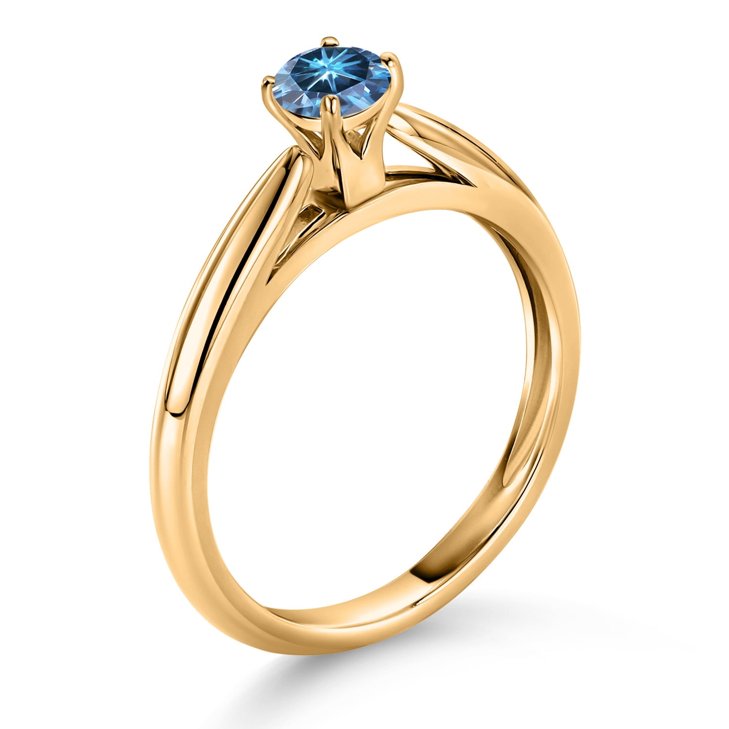 Gem Stone King 10K Yellow Gold Persian Blue Moissanite Solitaire Engagement Ring for Women (0.23 Cttw, Gemstone, Round 4MM)