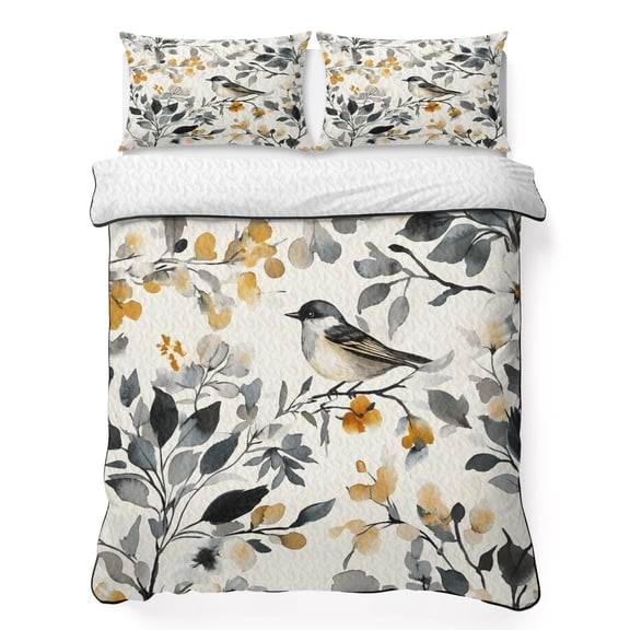 Twin XL Quilt Set 68''x98'', Vintage Botanical Lightweight Summer Bedspread Coverlet Set with 2 Pillow Shams, Yellow Grey Spring Floral Birds Breathable All Season Quilt Bedding for Dorm/Guest Room