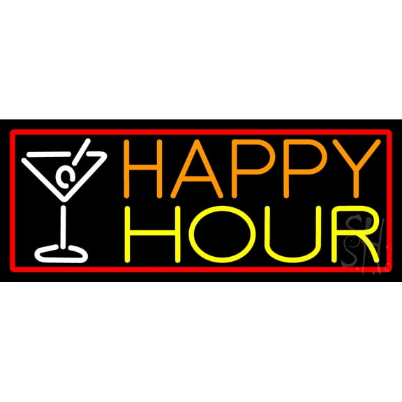 Red Happy Hour And Wine Glass With Red Border LED Neon Sign 13 x 32 - inches, Clear Edge Cut Acrylic Backing, with Dimmer - Bright and Premium built indoor LED Neon Sign for Bar decor.