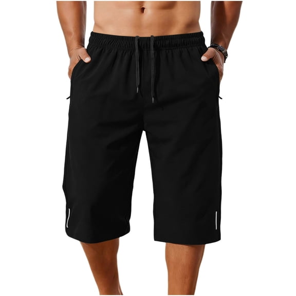 Chiccall Men's Running Shorts Casual Stretch Elastic Waist Drawstring Capri Pants Below Knee Workout Jogging Long Shorts with Zipper Pockets Black S