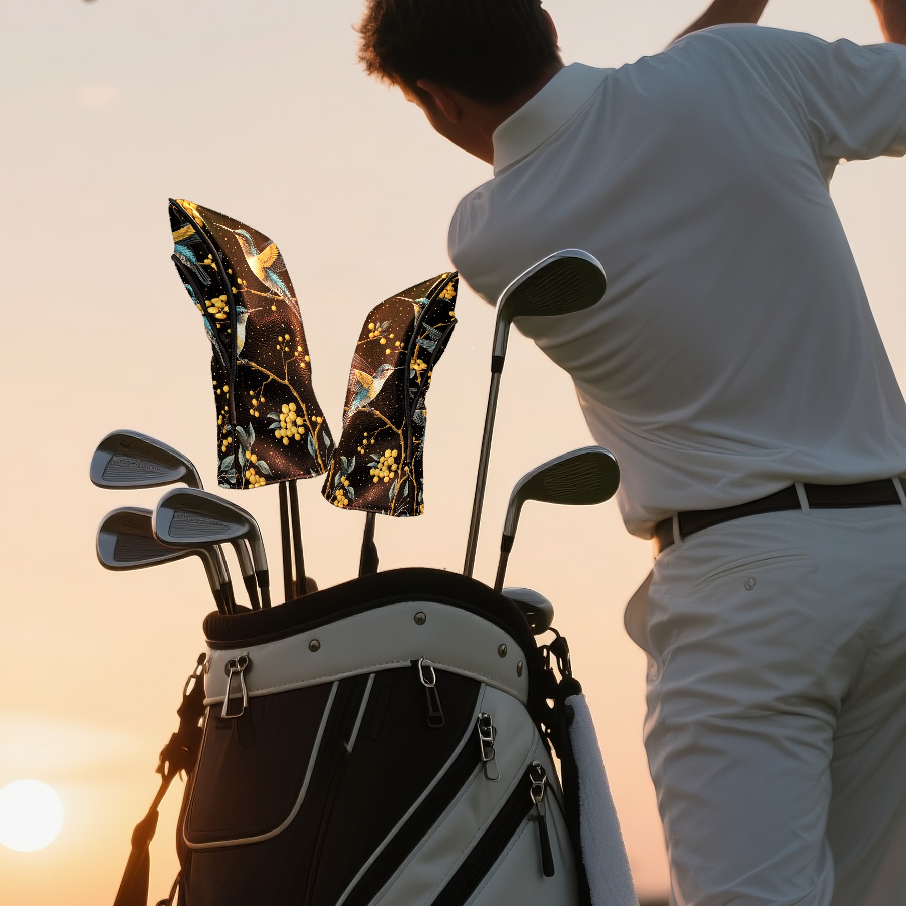 Golf Club Covers PU Leather Waterproof Head Covers for Fairway Woods Hybrids Golden Berry Hummingbird