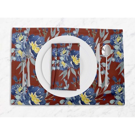 

S4Sassy Red Leaves & Peony Floral Printed Dining Room Reversible Tablemats With Napkins set