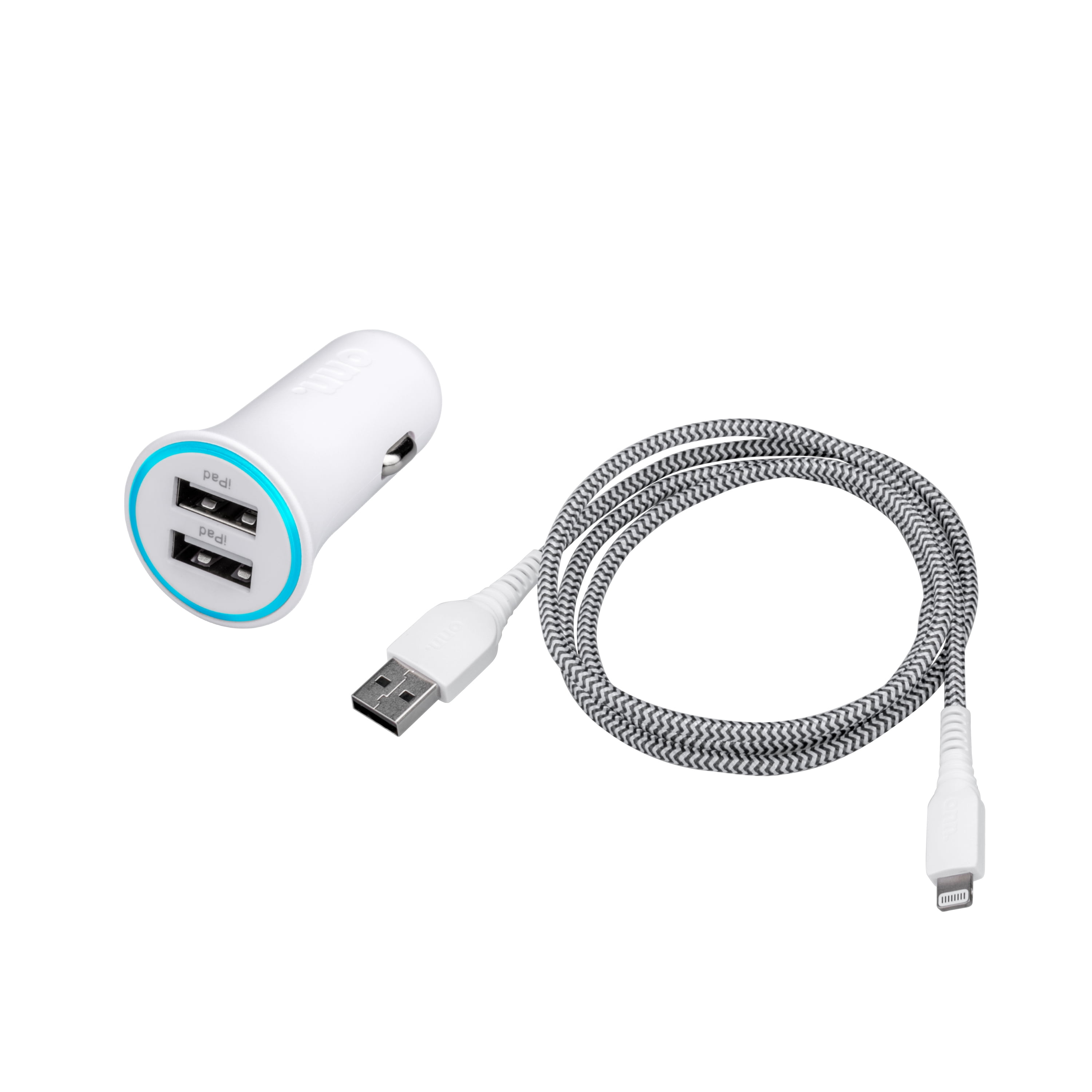 onn. 4.8A Dual-port Car Charging Kit with 3' USB-A to Lightning Cable, Dual Port Vehicle Adapter for iPhone, iPad and iPod, White