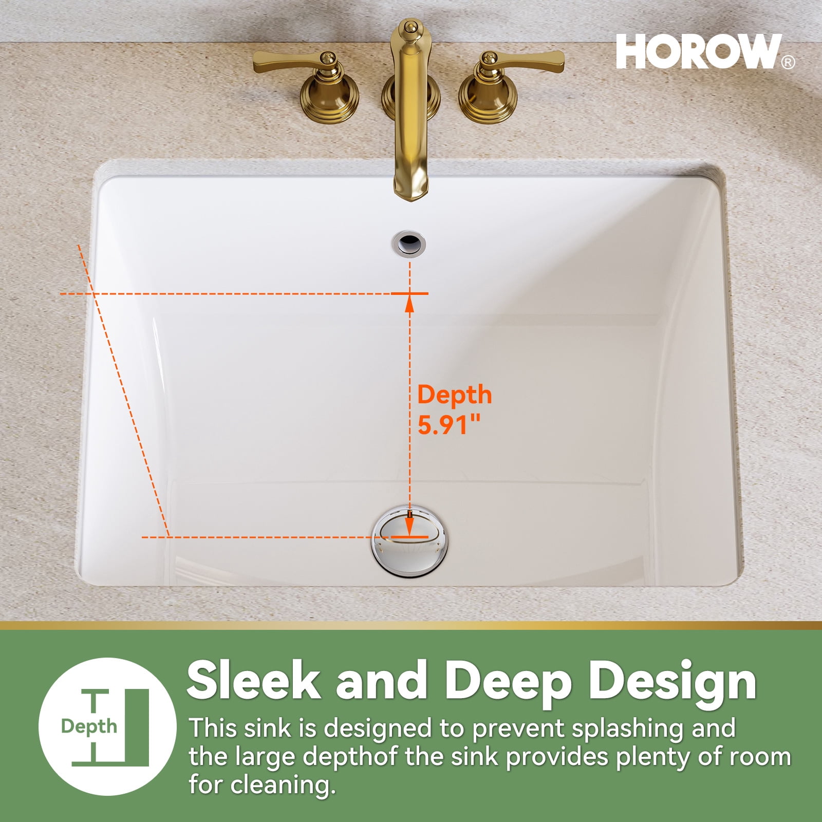 HOROW 20" x 15" White Ceramic Undermount Bathroom Sink, Rectangular Basin with Overflow Hole for Vanity