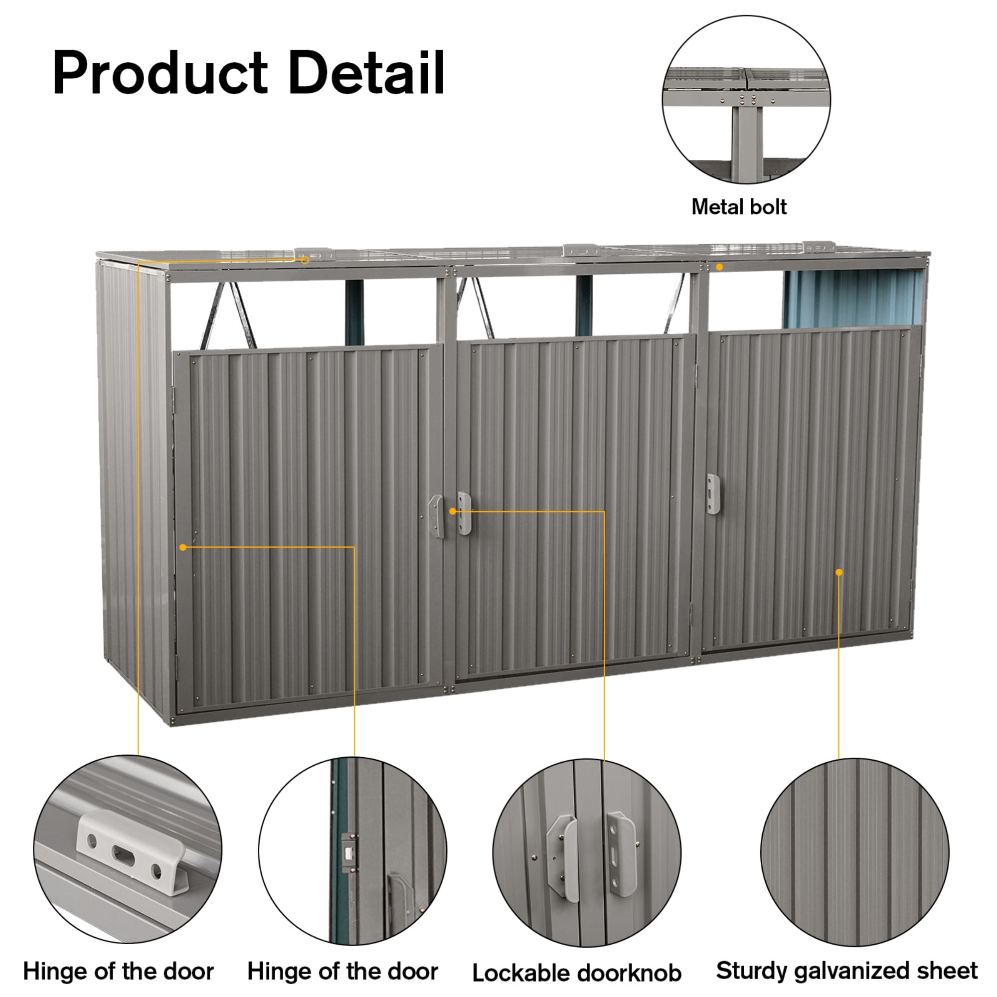 JXXRZ Metal Garbage Bin Shed for 3 Trash Cans with Lockable Doors and Lids,Galvanized Steel Garbage Bin Storage Shed for Garden Yard Lawn, Grey
