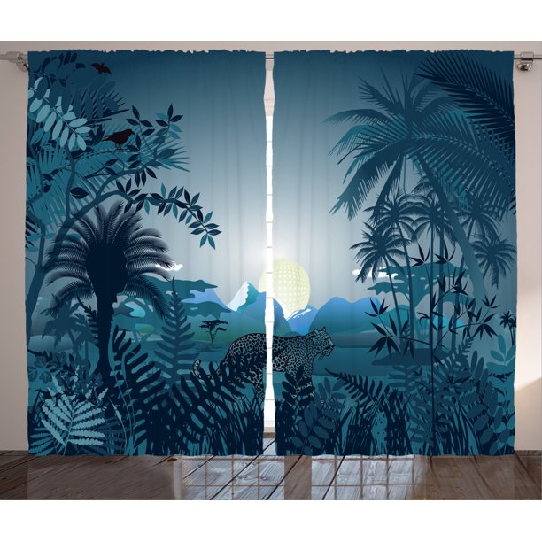 Farm House Decor Curtains 2 Panels Set, Night in Rainforest Jungle with