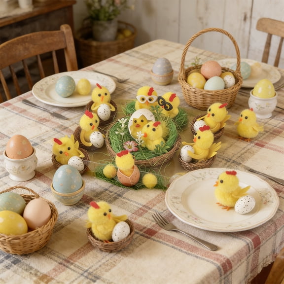 Cute Easter Chicks Figurines Set, Mini Yellow Chicken Decorations with Eggs & Nest Accents, Spring Tabletop Ornaments for Home & Party