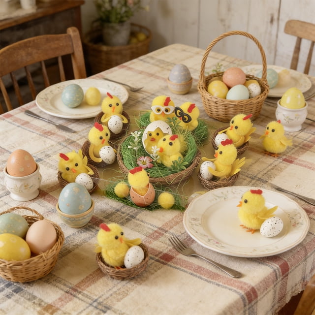 Uuiauoio Mini Easter Chicks, Tiny Chicks Stuffed Animal Easter Bonnet Decor Farm Chicken Figurines for Party Favors Table Centerpieces Decor Crafts