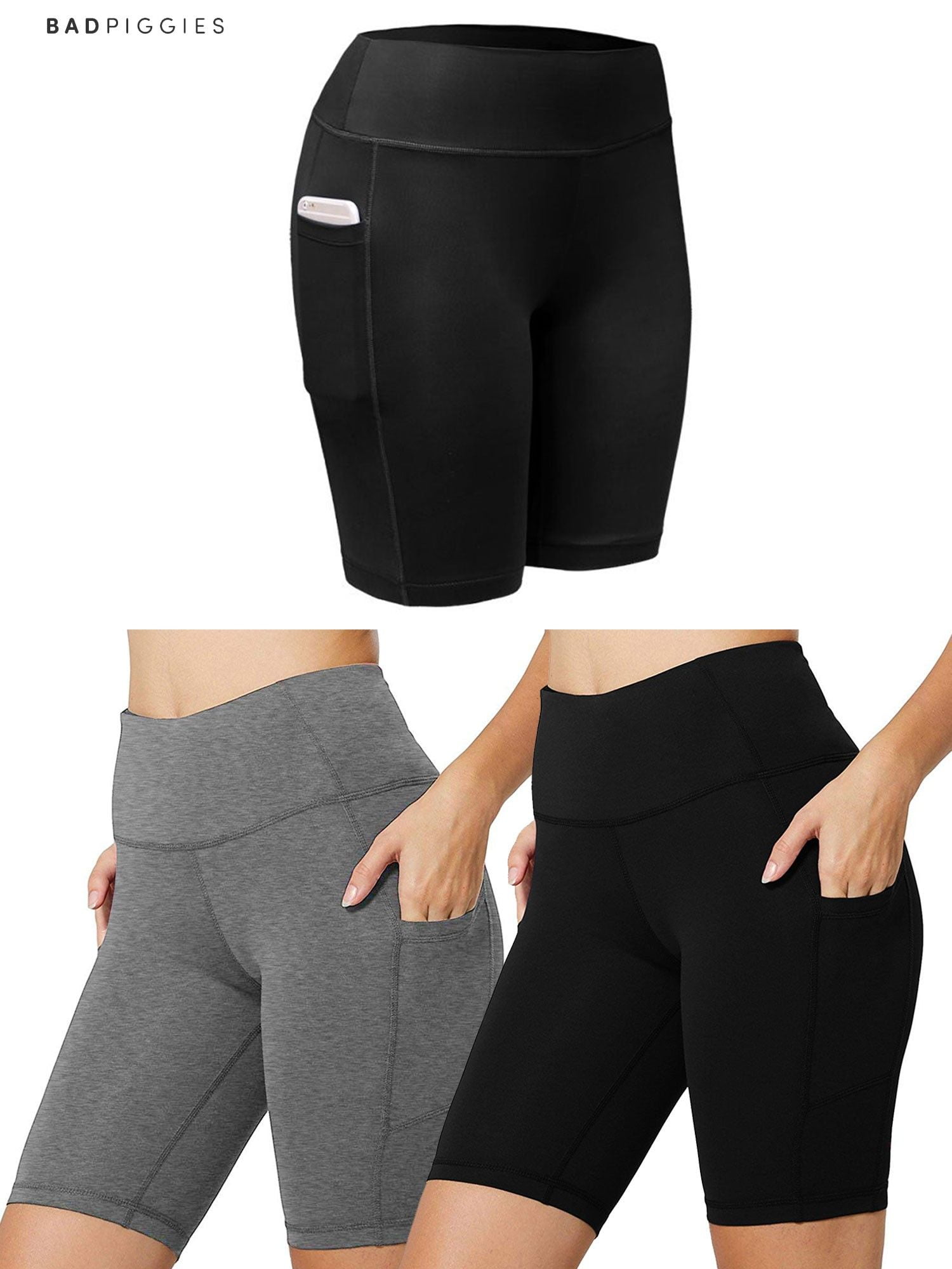 BadPiggies Women's High Waist Workout Yoga Shorts Running Compression Pants  With Side Pockets Tummy Control (L, Black) - Walmart.com