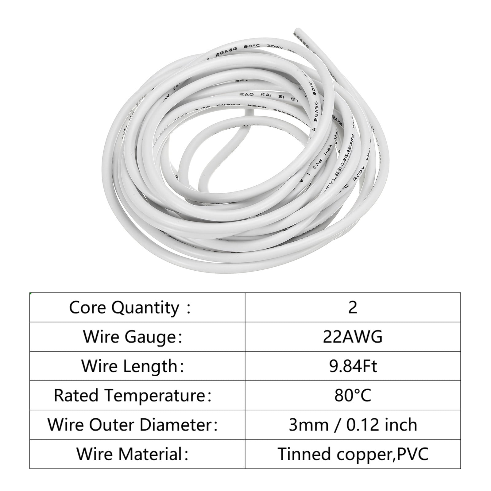 Uxcell 26AWG Electrical Wire 2 Conductors UL2464 Tinned Copper 10Ft Low Voltage White