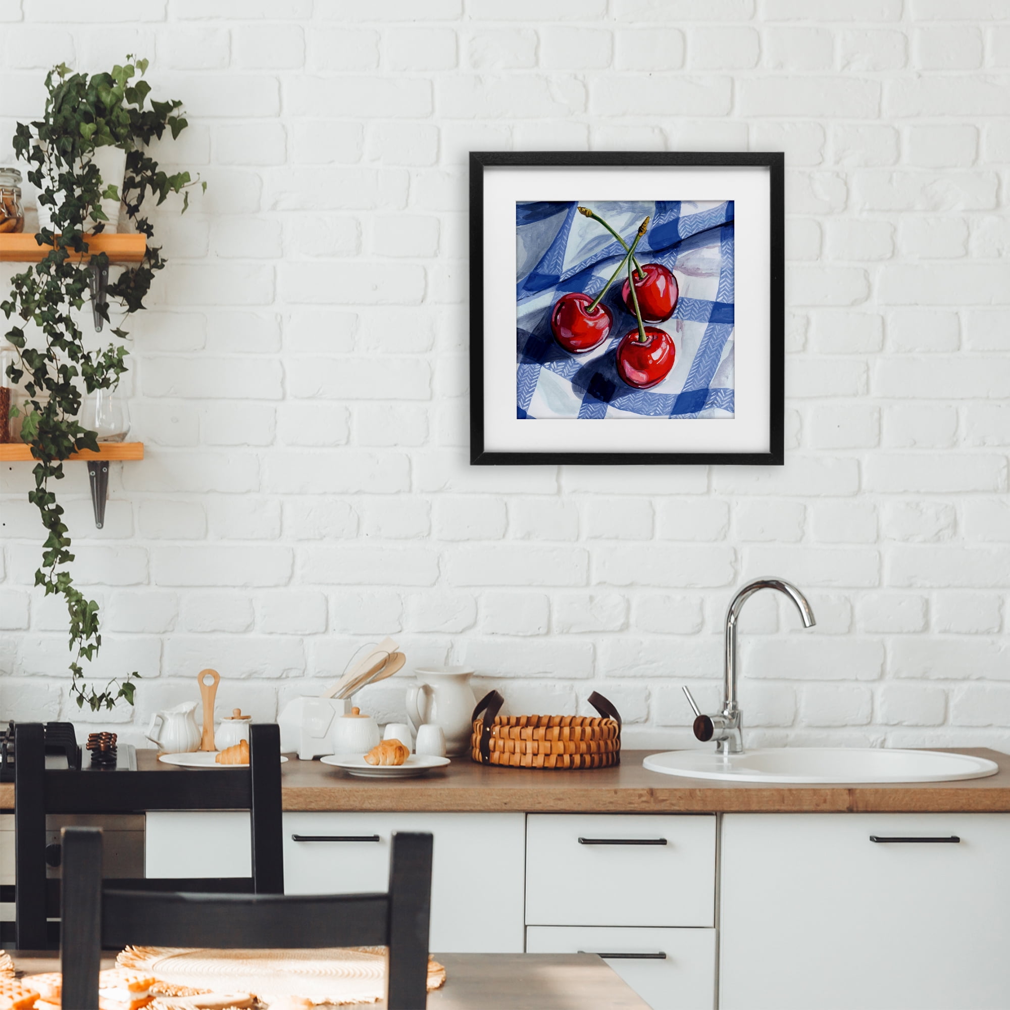 Stupell Industries Three Picnic Cherries on Gingham Black Framed Print Under Glass, design by Kate Jarvik Birch
