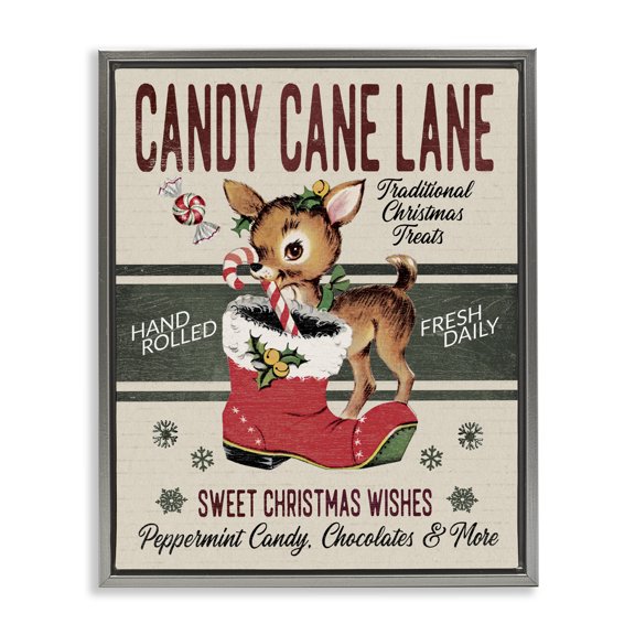 Stupell Industries Cottage Candy Cane Lane Vintage Reindeer Boot Gray Floating Frame Canvas Art, 25 x 31, by Jo Moulton