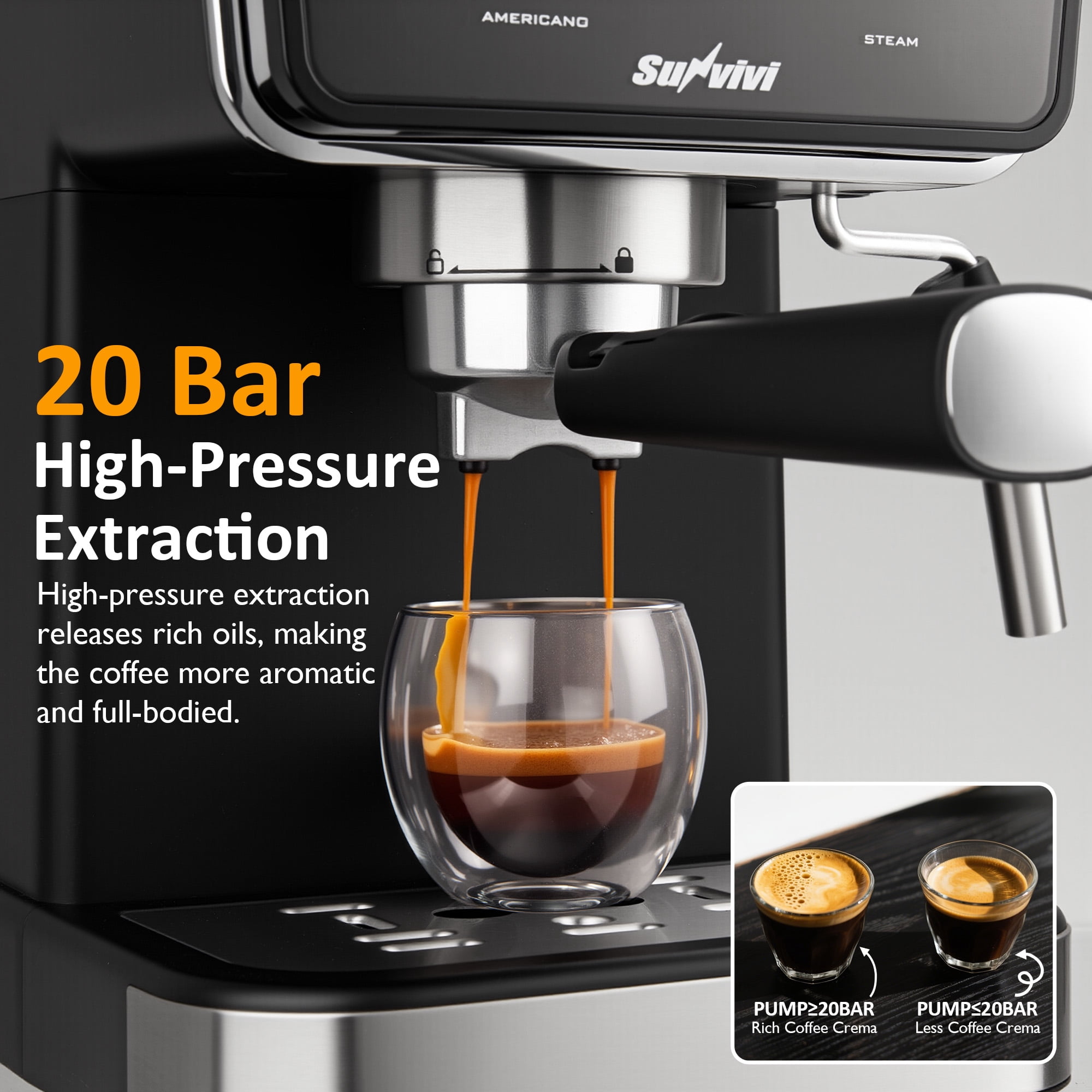 SUNVIVI 20 Bar Espresso Machine, 3-in-1 Hot & Iced Coffee Maker with Milk Frother, LED Touch Control, Removable 52oz Water Tank