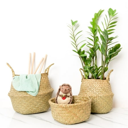 Foldable Natural Woven Seagrass Belly Basket Tote for Storage, Laundry, Picnic, Plant Pot