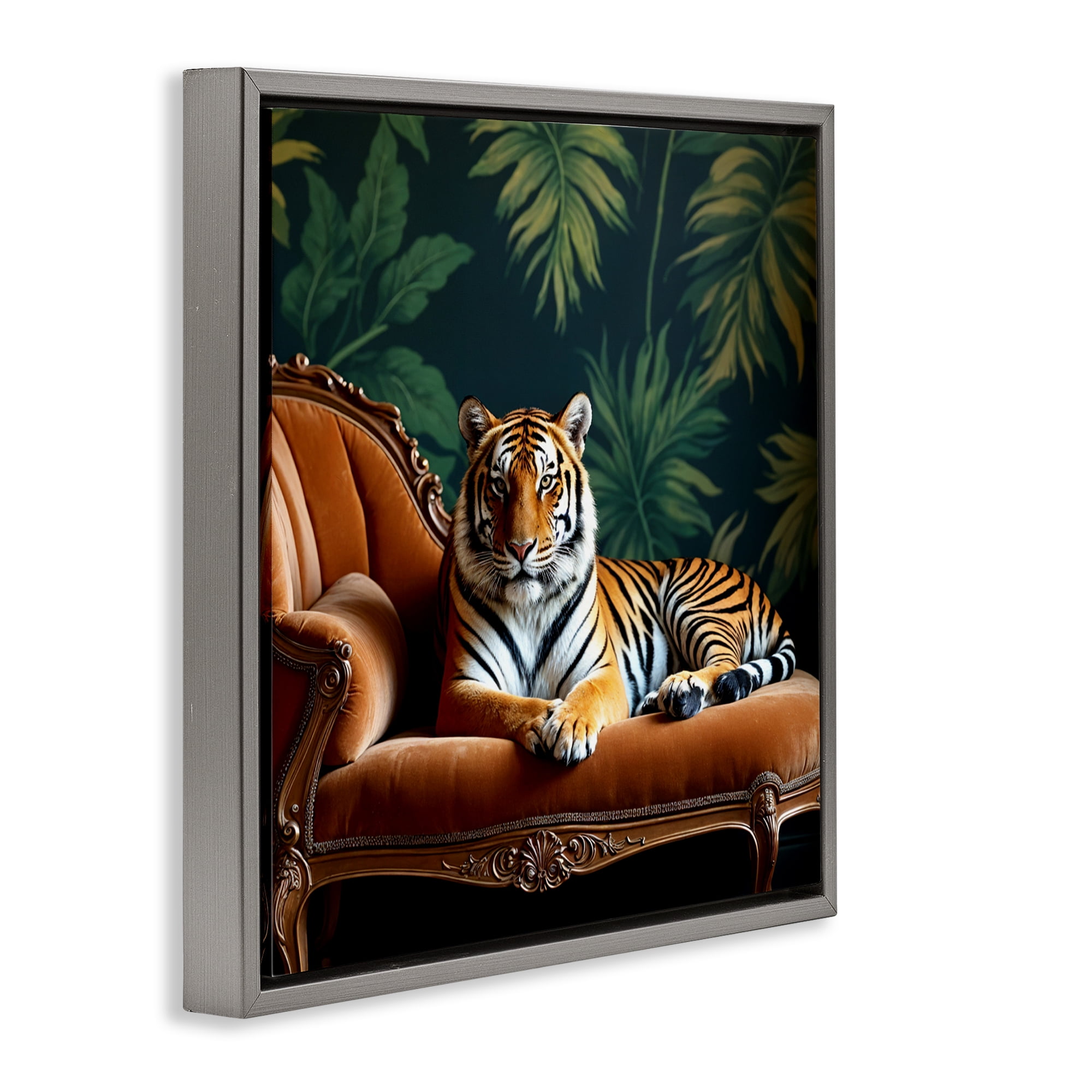 Tiger Lounging on Chaise Gray Framed Floater Canvas Wall Art, design by Lettered and Lined