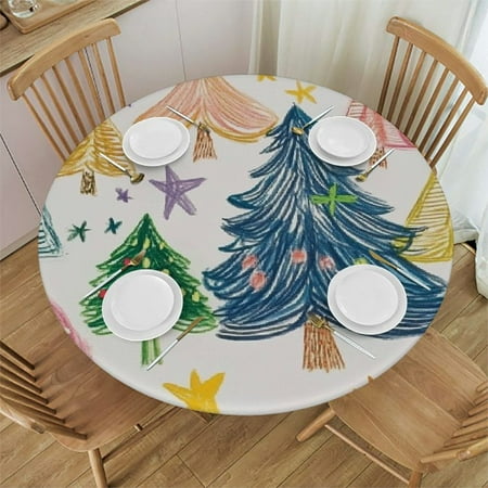 

PHYHOO Christmas Watercolor Xmas Tree White Table Cover with Elastic Edge Waterproof Table Cloth Plant Seamless Circle Table Covers for Kitchen Indoor 46 -50