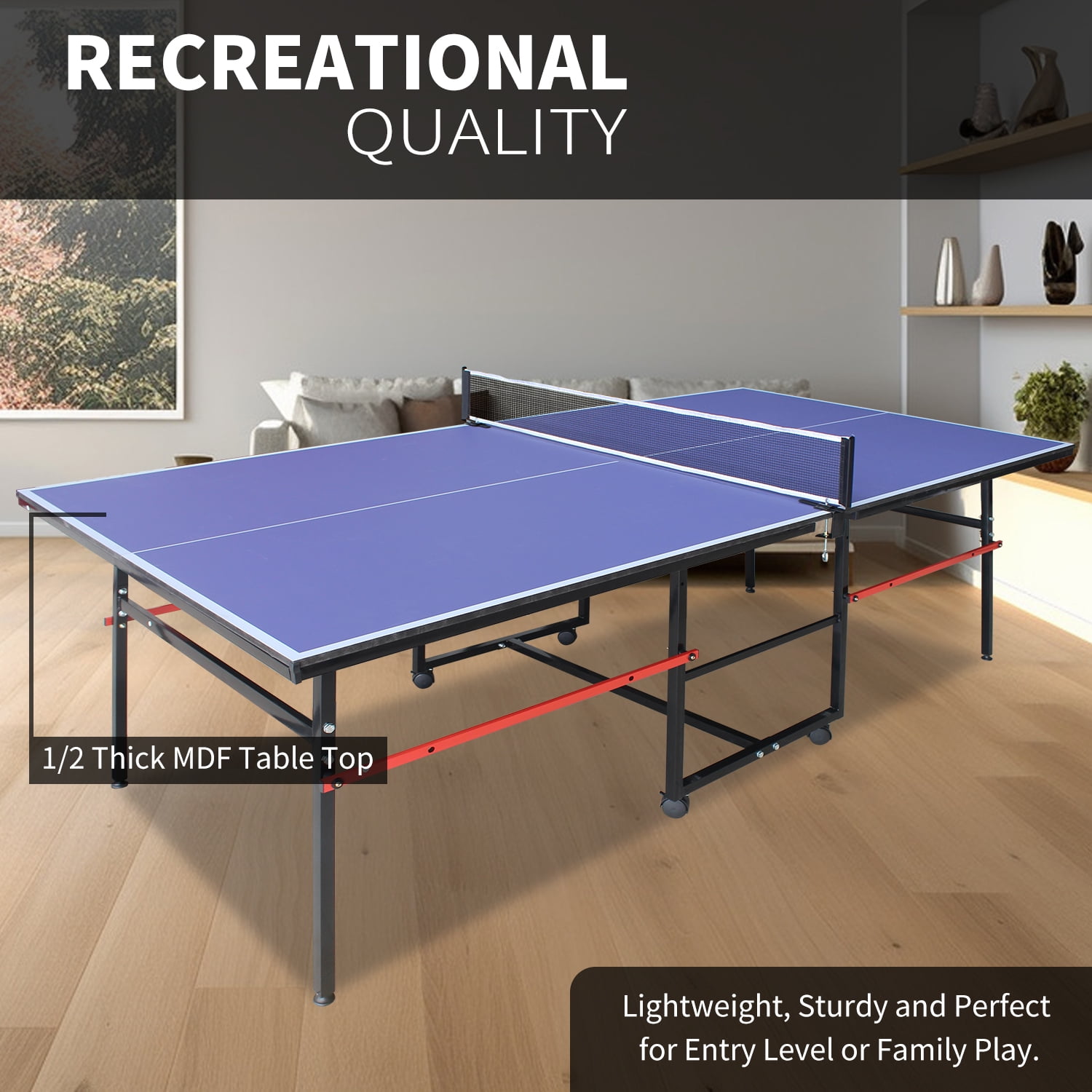 Mid-Size Table Tennis Table,8ft Foldable & Portable Ping Pong Table Set for Indoor Games with Net, 2 Table Tennis Paddles and 3 Balls,Blue