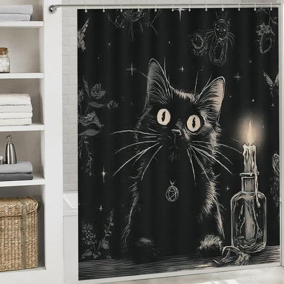 RKSupls Christmas Shower Curtain, Goth Skull Cat Shower Curtain with Hooks for Christmas Home Bathroom Decor Washable Curtains, 72x72 in