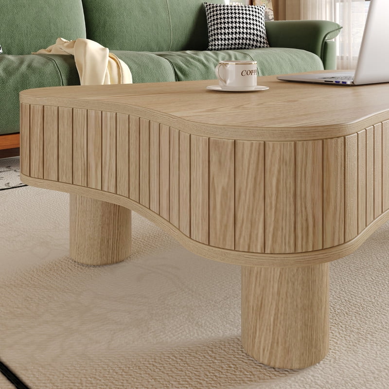 42" Lift Top Coffee Table with Hidden Storage, Fluted Panel Center Table with Hydraulic Lift, Rounded Corners, Wood Living Room Coffee Table for Small Spaces,Natural Wood