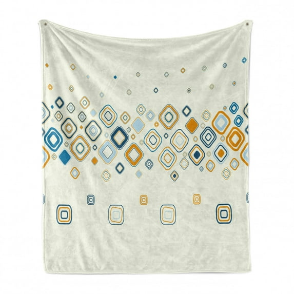 Modern Soft Flannel Fleece Throw Blanket, Vector Illustration of Repeating Geometric Shapes Pattern Print, Cozy Plush for Indoor and Outdoor Use, 60" x 80", Cream Marigold Pale Blue, by Ambesonne