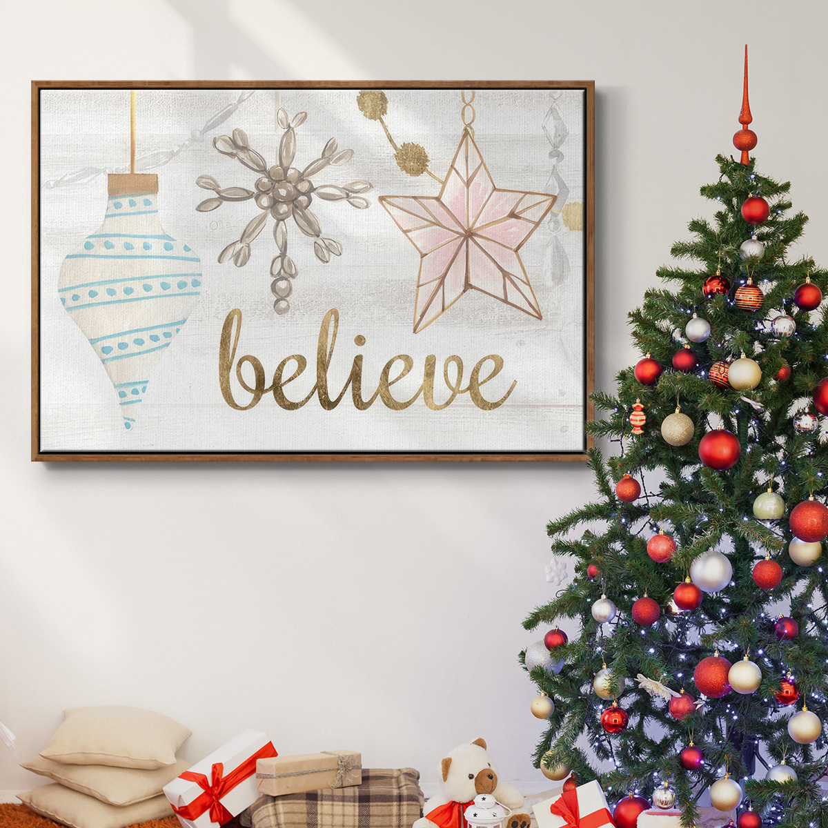 Elegant Ornaments Collection A - Framed Gallery Wrapped Holiday Canvas - 25 x 37 - Rosewood Frame