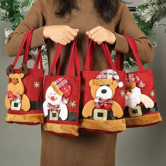 Dserhfy Christmas Gift Handbag Portable Handle Cartoon 3D Santa Snowman Elk Bear Heavy Duty Cloth Reusable Grocery Treat Candy Party Favor Present Bag
