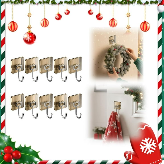 ROLKFUK Organizing Racks 10 Pack Christmas Adhesive Hooks - 20 Lb Capacity, Gold No Drill Damage/Residue Free, Reusable Traceless Plastic Hooks for Kitchen Bathroom Towels Coats Decor