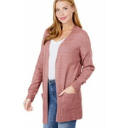 ShezPretty Women's Long Sleeve Open Front Knit Sweater Draped Cardigan with Side Pockets (Small, PINK)