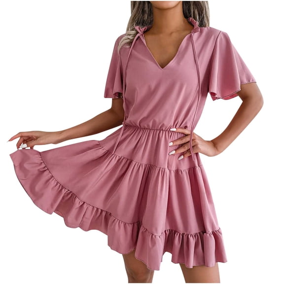 Tumotour Summer Dress for Women Homecoming Dresses Shirt Dress for Women Mini Dress Fashion Women's Summer Casual Slim V-shaped Short-sleeved Solid Color Dress