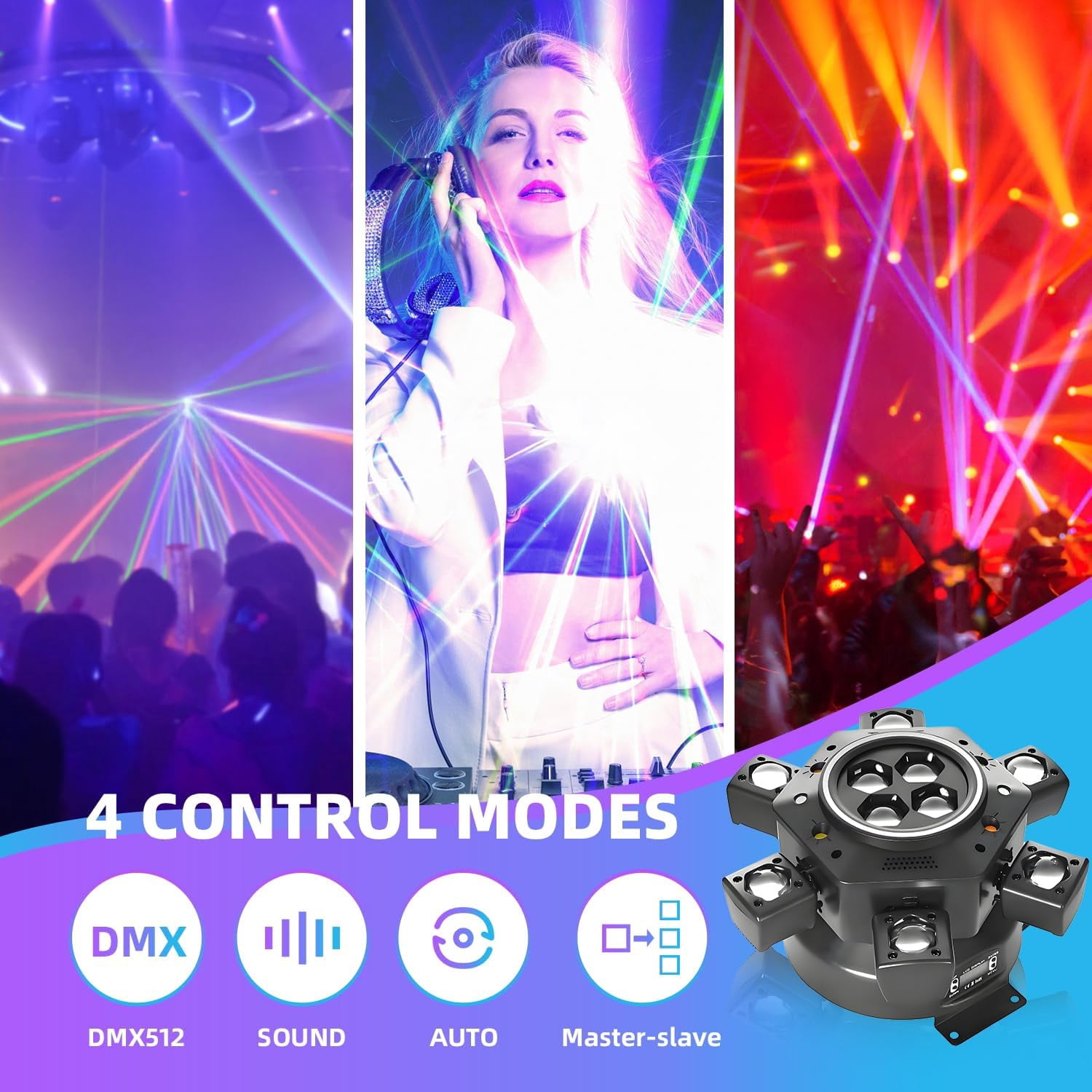 Moving Head DJ Lights, 6 Arms Party Fixtures with Light Strip, 150W RGBW LED Stage Lights, for Parties Club Bar Wedding
