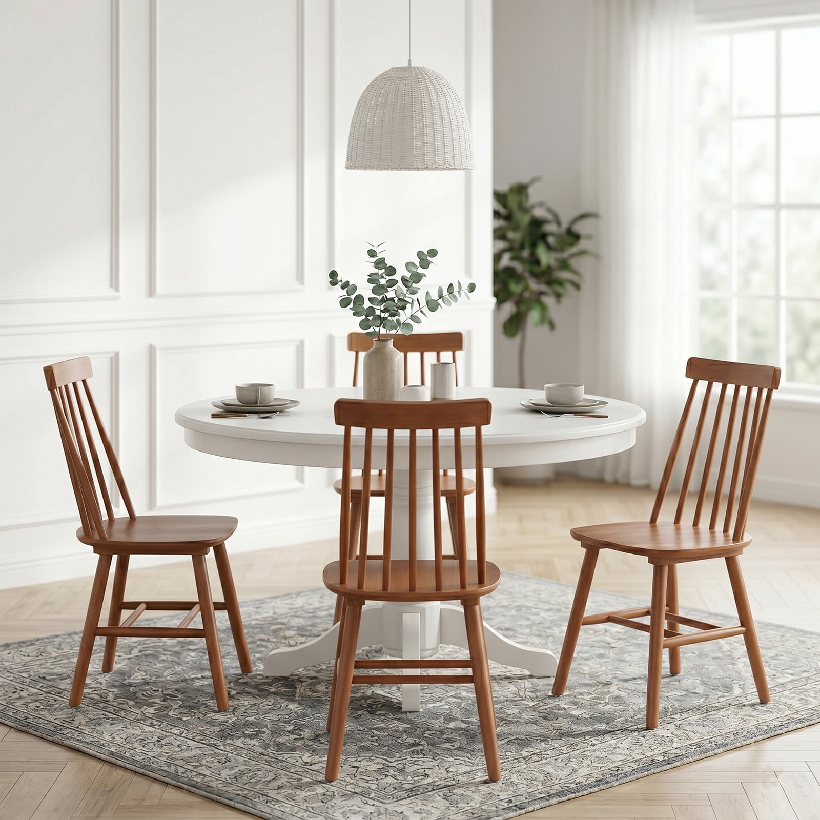 Farmhouse Wooden Dining Chairs Set of 4, Windsor Spindle Back Chair for Kitchen & Dining Room, Walnut