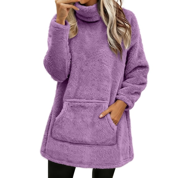 Women's Longline Fleece Turtleneck Top with Pocket, Sherpa Long Sleeve Plus Size Tunic Pullover Casual Turtleneck Fleece Pullover Women's Turtleneck Fleece Sweater Tops with Pockets, Light Violet 2XL