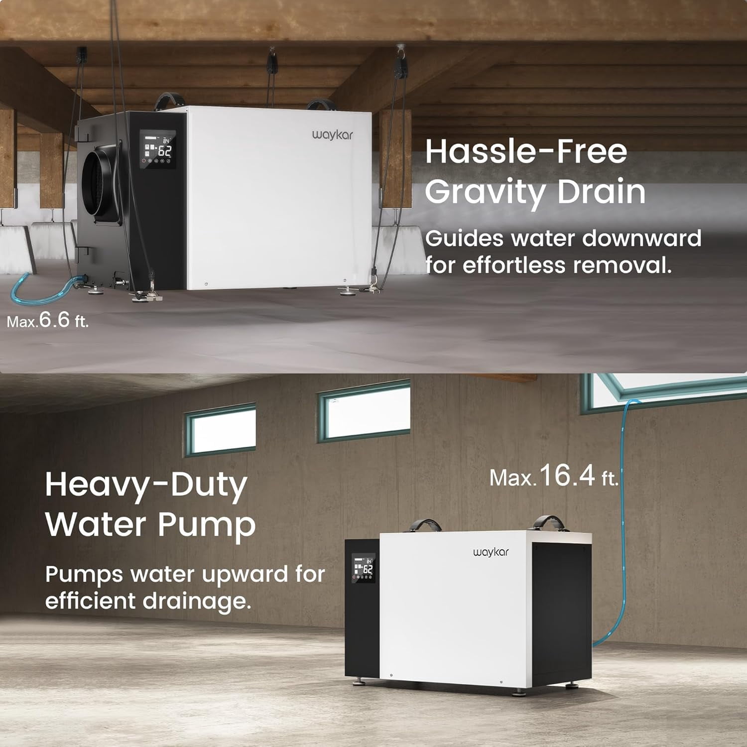Waykar 216 Pint Commercial Dehumidifier with Pump and Drain Hose for Crawl Spaces, Basements, Ducted Industrial Use, and Water Damage Unit, for Spaces up to 8000 Square Feet, Smart Humidity Control