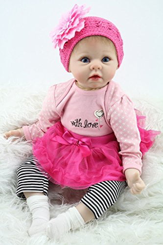 NPK Collection Reborn Soft Silicone Real Baby Doll 22inch 55cm Magnetic Mouth Lifelike Newborn Kids Doll Pink Dress Children's Day Valentine's Day Present