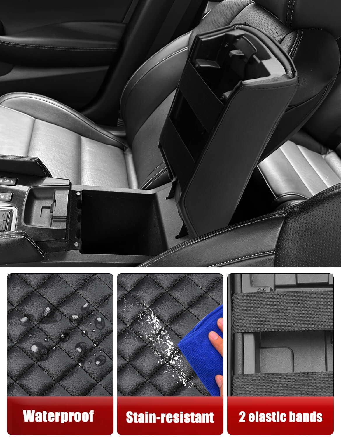 KBH Car Center Console Cover for 2016-2024 Nissan Maxima Accessories, Middle Console Lid Armrest Cover for Vehicle, Black Leather Interior Cushion Pad