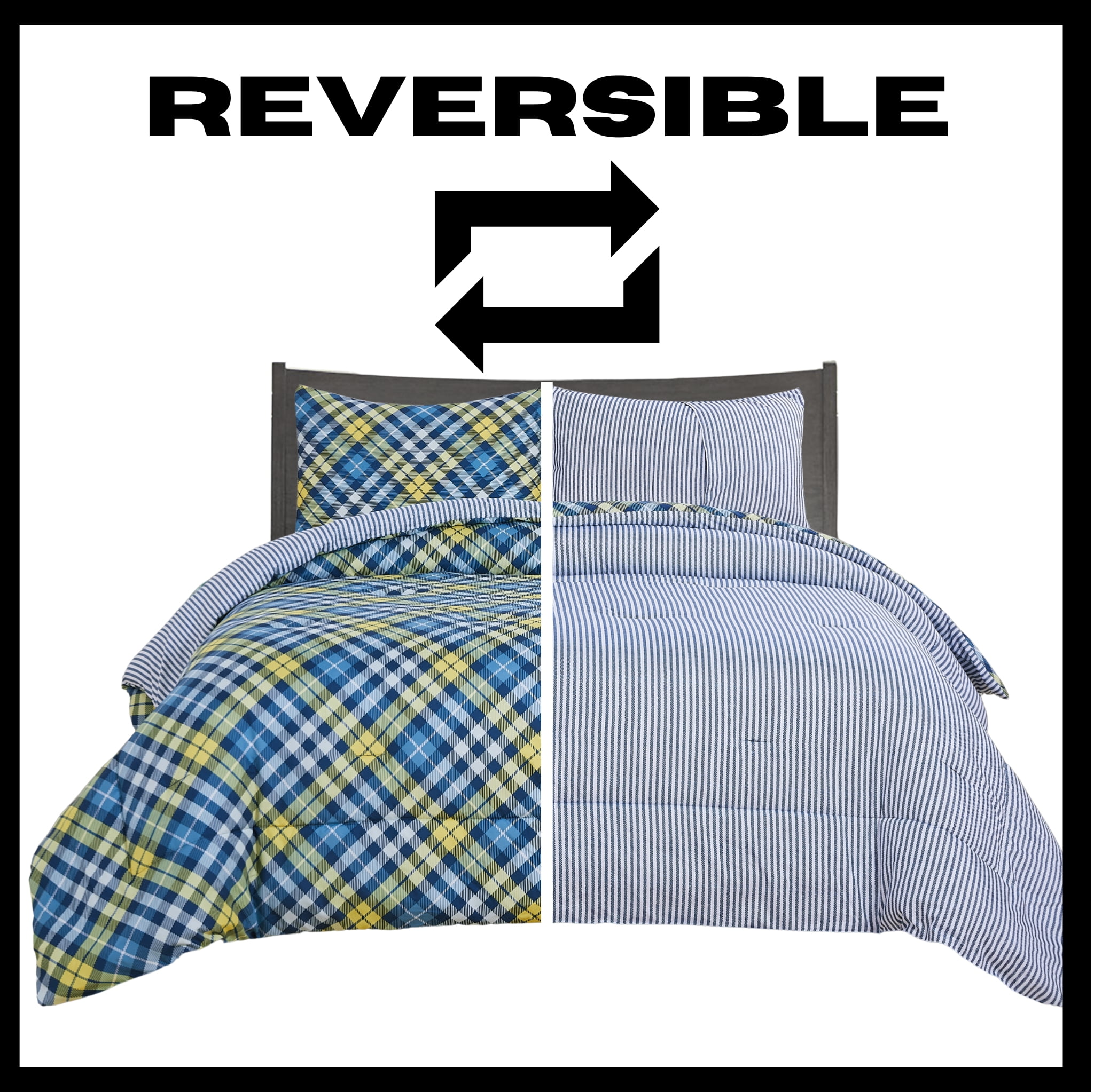 Chaps Kids 2-Piece Reversible Microfiber Comforter and Sham Bedding Set - Diagonal Plaid - Blue/Yellow - Size Twin