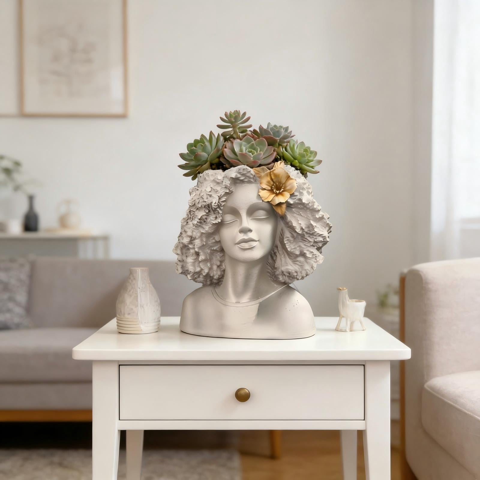 Lady Face Planter Pot, Head Planter Face Plant Pots - 11 Inch Flower Pot Succulents Large Outdoor Planters Indoor with Drainage Resin Lady Black Statue for Garden Home Decor Porch Gift (B)