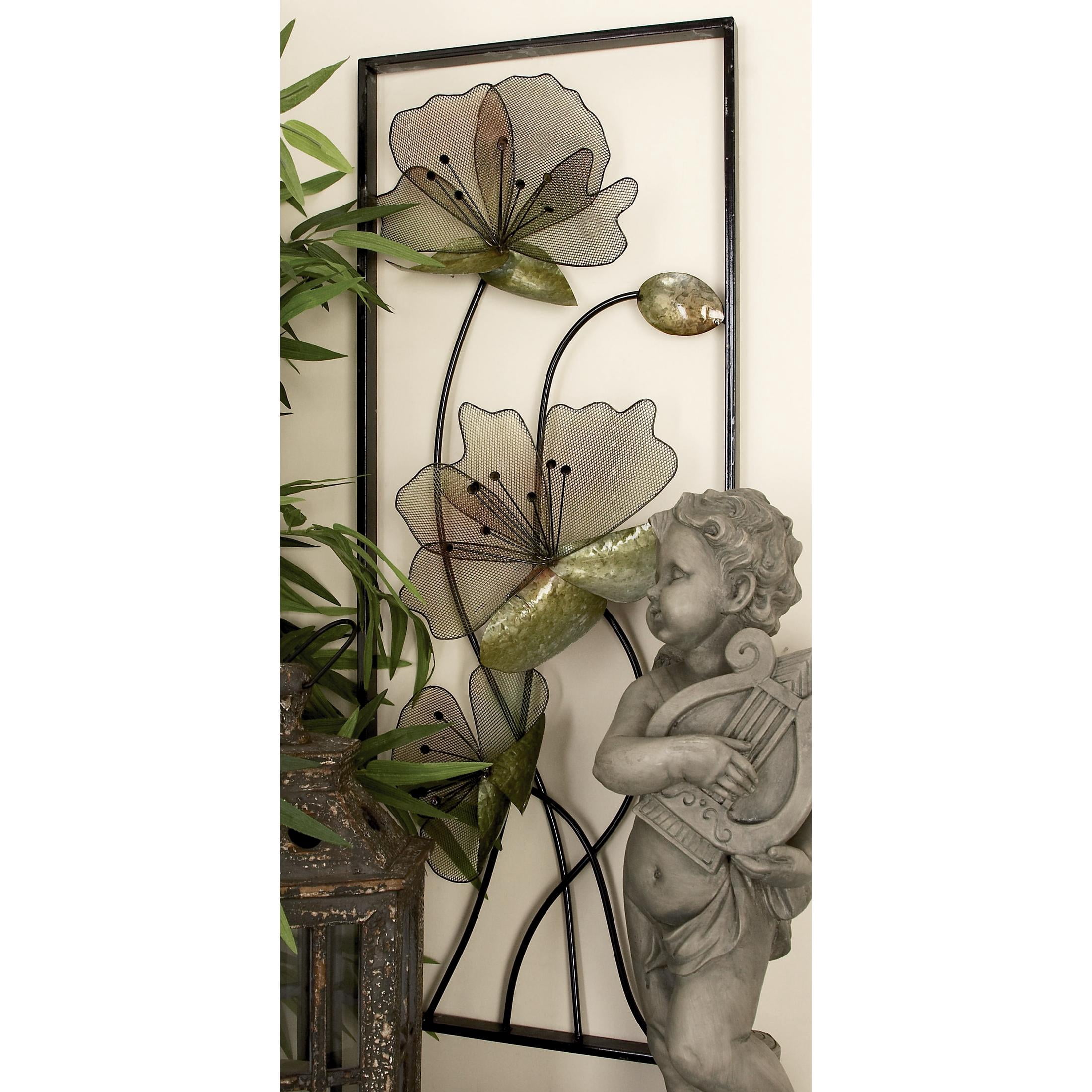 DecMode Black Metal Floral Wall Decor with Green and Orange Accents (2 Count)